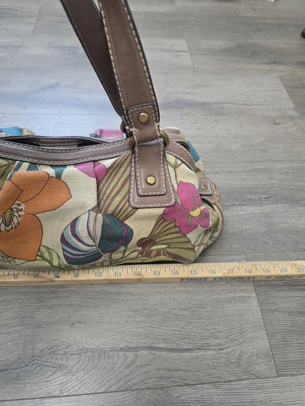 Fossil Key-Per Floral Canvas Hobo Shoulder Bag Brown Leather Trim